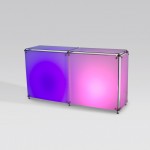 MERO BACKLIT DESK
chrome steel frame
top opal glass, side and front panels opal polycarbonate backlit by RGB LED
Size D59 W208 H112cm