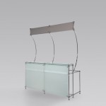 MODULAR RECEPTION WITH GRAPHIC
chrome steel frame, top opal glass, side and front panels opal glass with upper personalization
Size D82 W106 H248cm