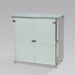 CABINET/DESK MERO
chromed steel frame
with opal glass top, side panels and fronts opal polycarbonate, opal glass doors
Size D59 W108 H112cm